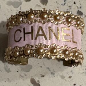 Luxury Chanel Pink & Gold Pearl Embellished Cuff, real authentic Chanel ribbon